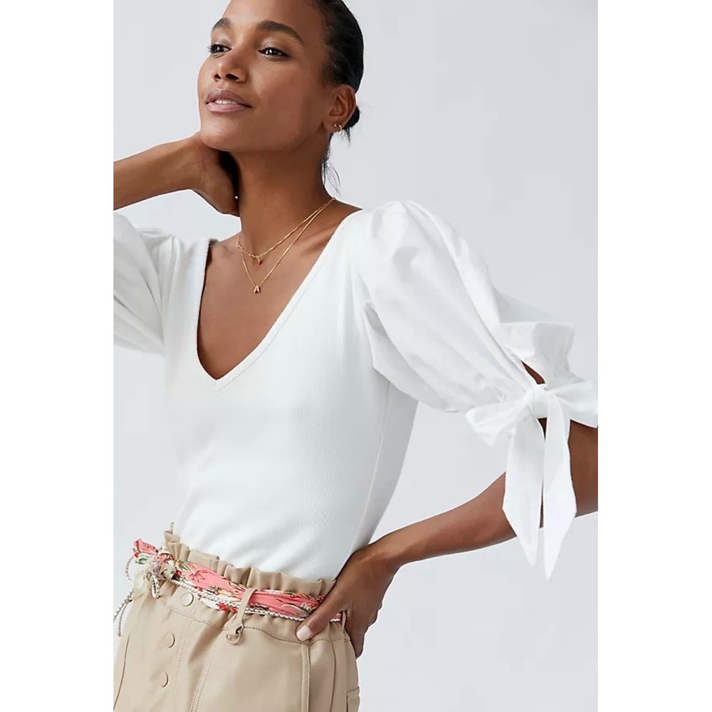 Anthropologie‎ Maeve Puff Sleeve Top White Smocked Size XS